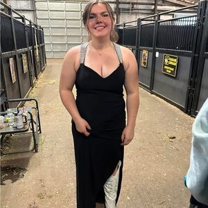 Elegant Asymmetrical Black Dress with Silver Accents